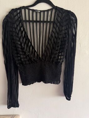 Fashion Nova Black Sheer Striped V-Neck Smocked Waist Top